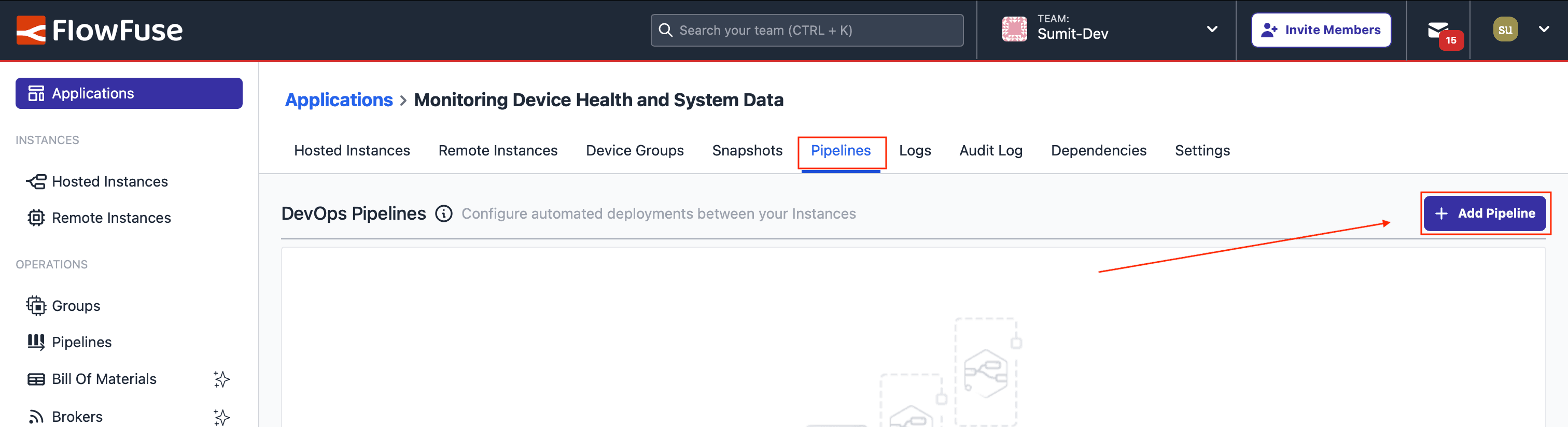 Screenshot of the FlowFuse dashboard with the 'Add Pipeline' button highlighted at the top-right corner
