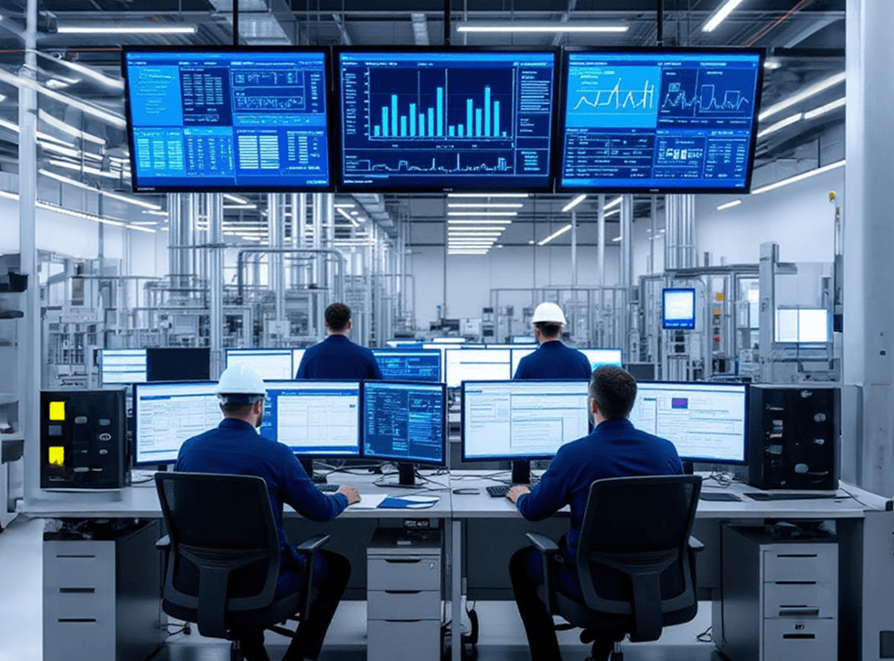 Image of workers on a factory shop floor with desks, computers and dashboards on the screen