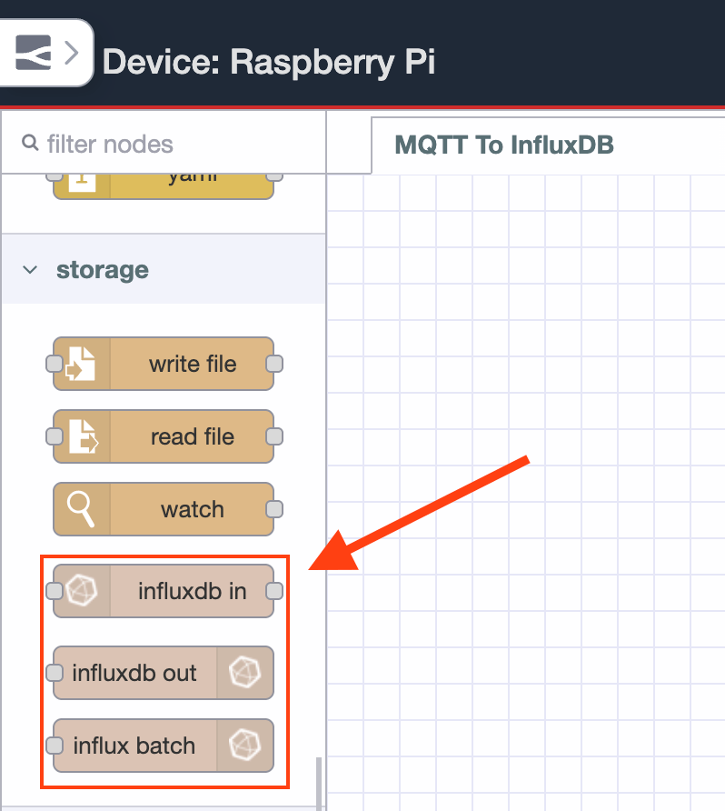 Node-RED editor palette displaying the InfluxDB nodes added via the node-red-contrib-influxdb package.